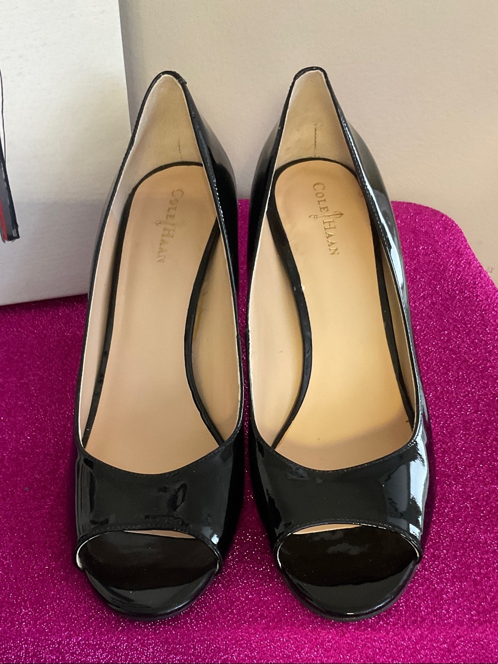 Cole Haan Black Patent Peep-Toe Heels